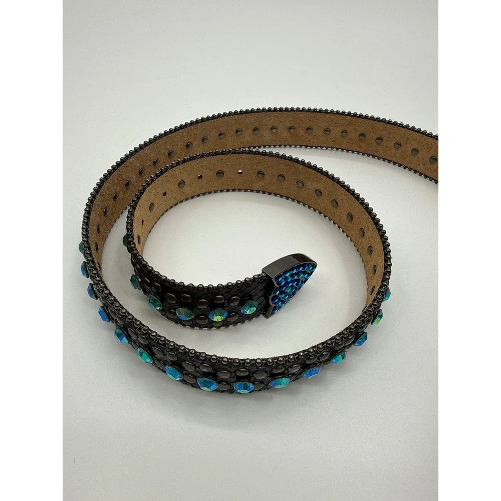 Western Rhinestone Bling Belt Black Genuine Leather Blue AB Crystal Studded XL